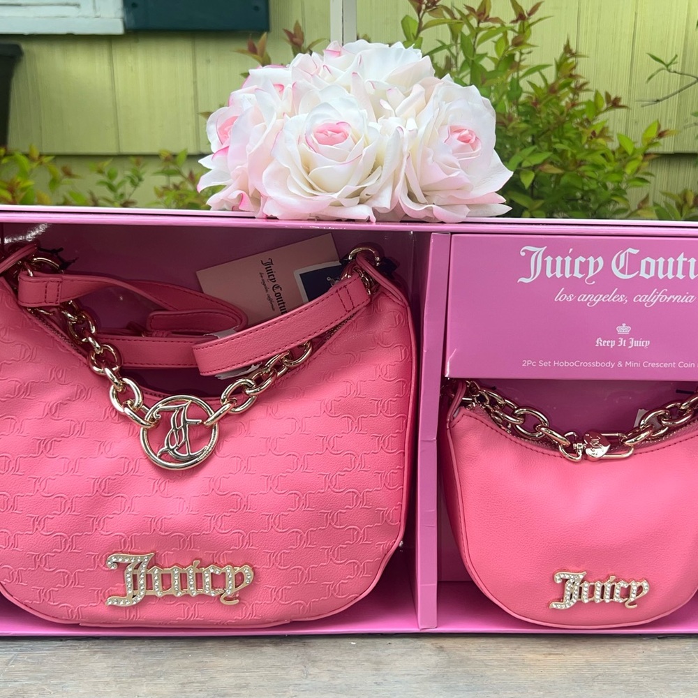 Juicy Couture Hold Up 2PC Crest Moon Coho Emboss Pink Bag Set in Gift Box Gold
